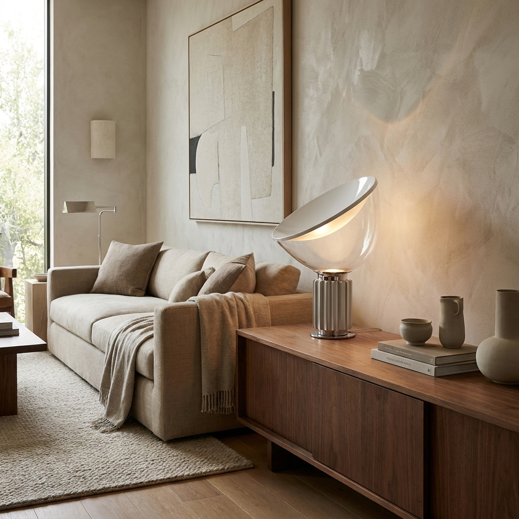 NYRVEQO Nexus Table Lamp with white aluminum reflector and glass diffuser on a console table