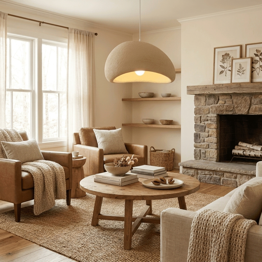 NYRVEQO Nubia Cloud Pendant Light with sculptural beige dome shade in a contemporary living room