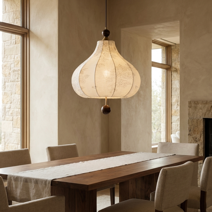 NYRVEQO Maribel Floral Pendant Lamp with cream linen shade and walnut finials above a dining table