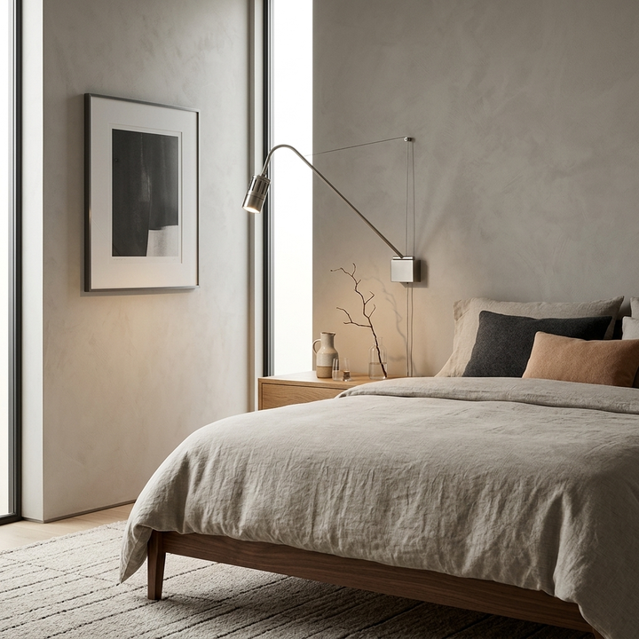 NYRVEQO Minimalist Adjustable Task Wall Sconce in nickel finish beside a bed for reading