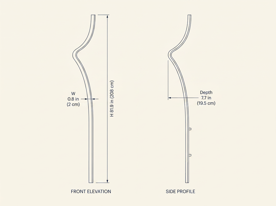 Minimalist Curving Ribbon LED Wall Sconce dimension specifications drawing with front and side profile views