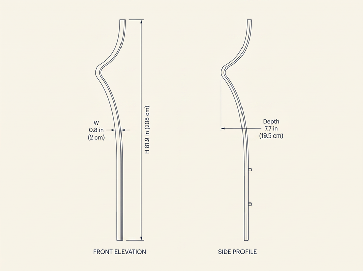 Minimalist Curving Ribbon LED Wall Sconce dimension specifications drawing with front and side profile views