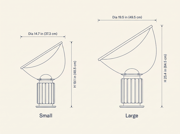 Nexus Table Lamp dimension specifications drawing comparing small and large sizes