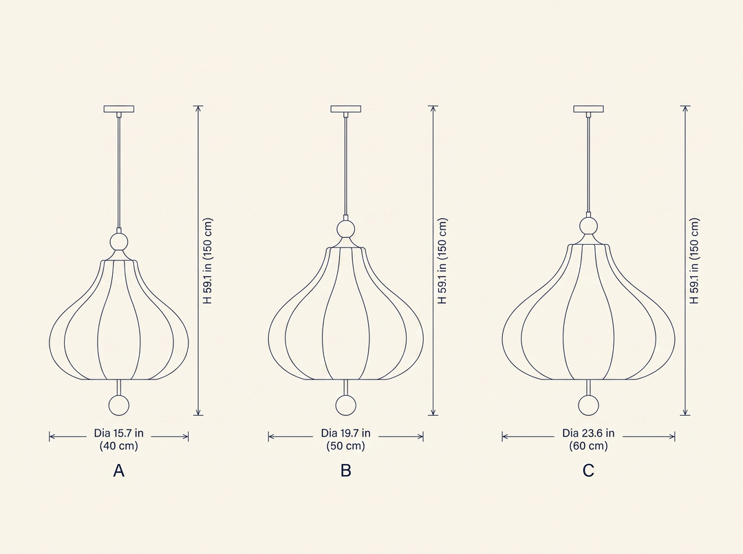 Maribel Floral Pendant Lamp dimension specifications drawing showing three available shade diameters