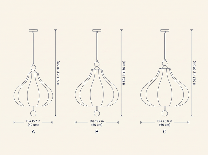 Maribel Floral Pendant Lamp dimension specifications drawing showing three available shade diameters