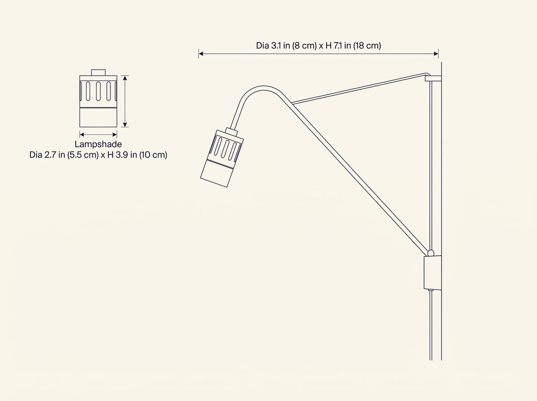 Minimalist Adjustable Task Wall Sconce dimension specifications drawing with fixture and lampshade measurements