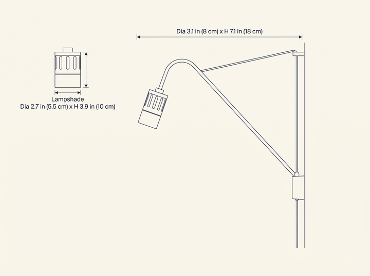 Minimalist Adjustable Task Wall Sconce dimension specifications drawing with fixture and lampshade measurements
