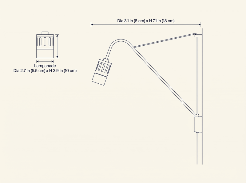 Minimalist Adjustable Task Wall Sconce dimension specifications drawing with fixture and lampshade measurements