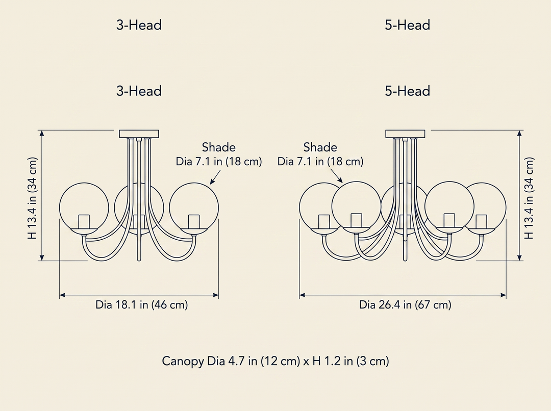 Marshmallow Chandelier dimension specifications drawing comparing 3-head and 5-head configurations
