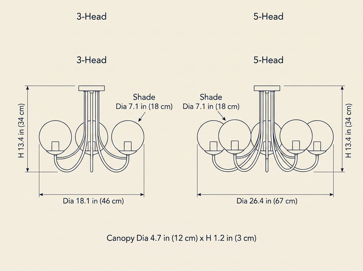 Marshmallow Chandelier dimension specifications drawing comparing 3-head and 5-head configurations