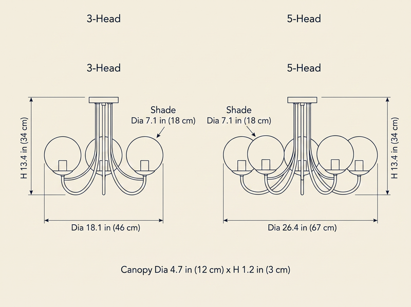 Marshmallow Chandelier dimension specifications drawing comparing 3-head and 5-head configurations