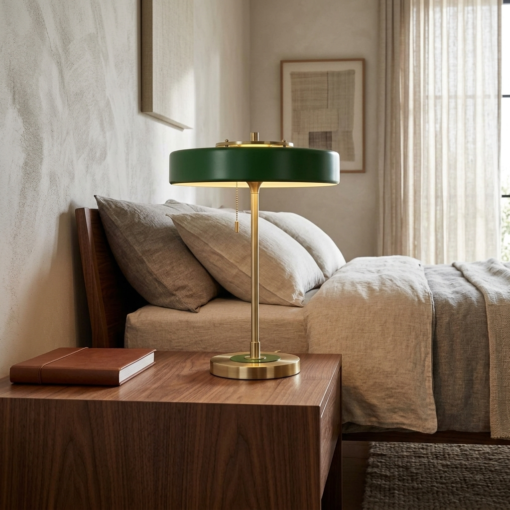 Revolve Table Lamp on a bedside table in a warm contemporary bedroom