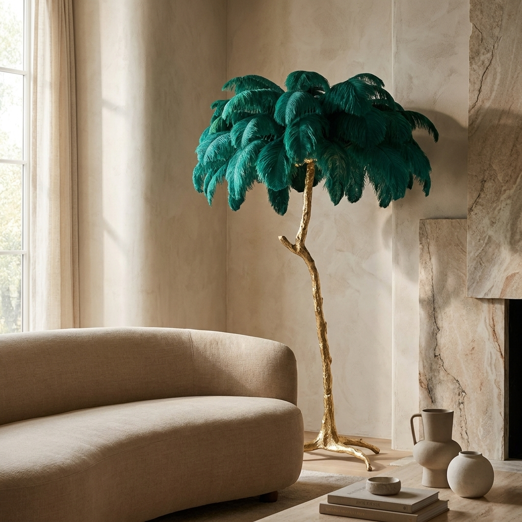 Ostrich Feather Brass Floor Lamp in a refined living room reading corner