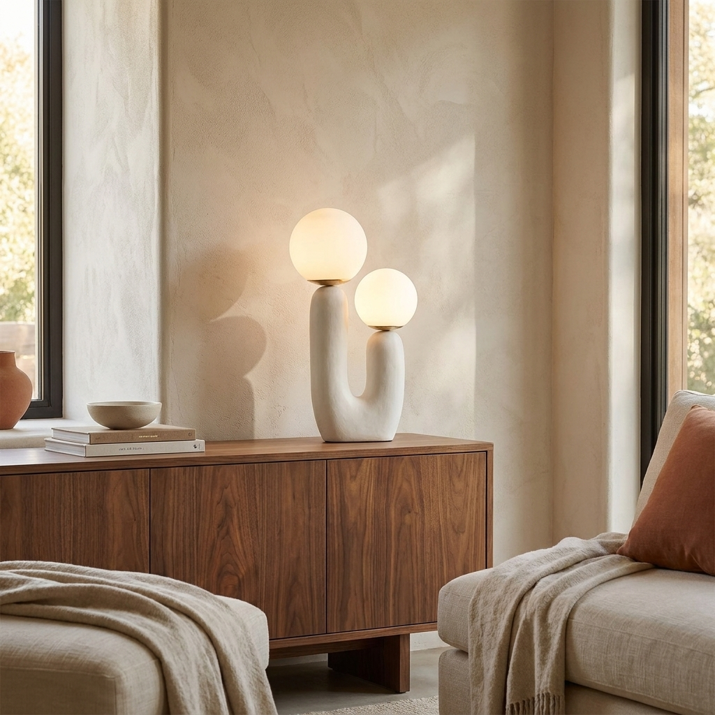 Oo Rough Table Lamp on a console table in a warm contemporary living room