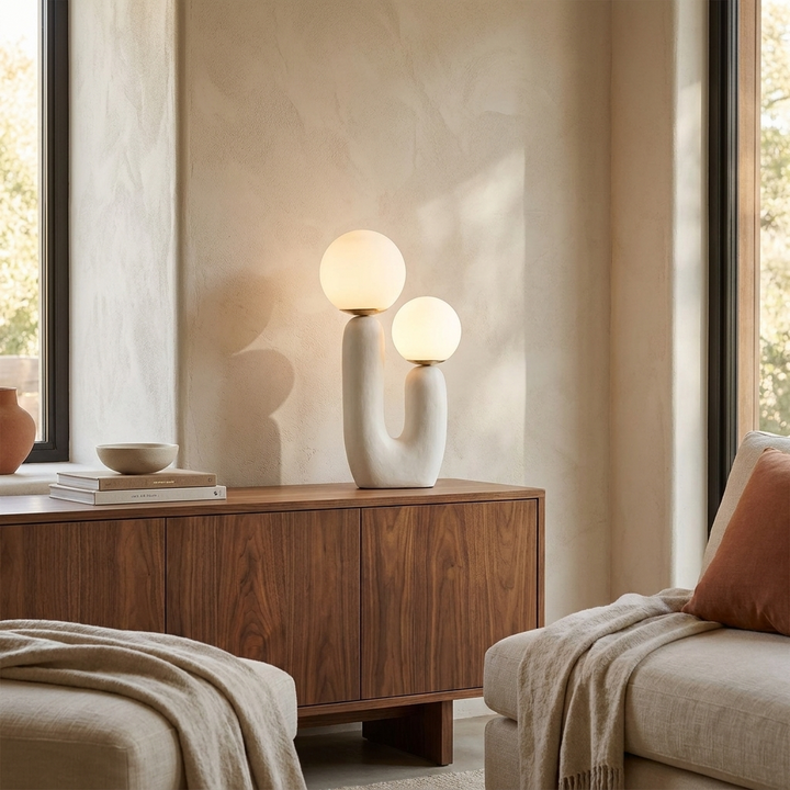 Oo Rough Table Lamp on a console table in a warm contemporary living room