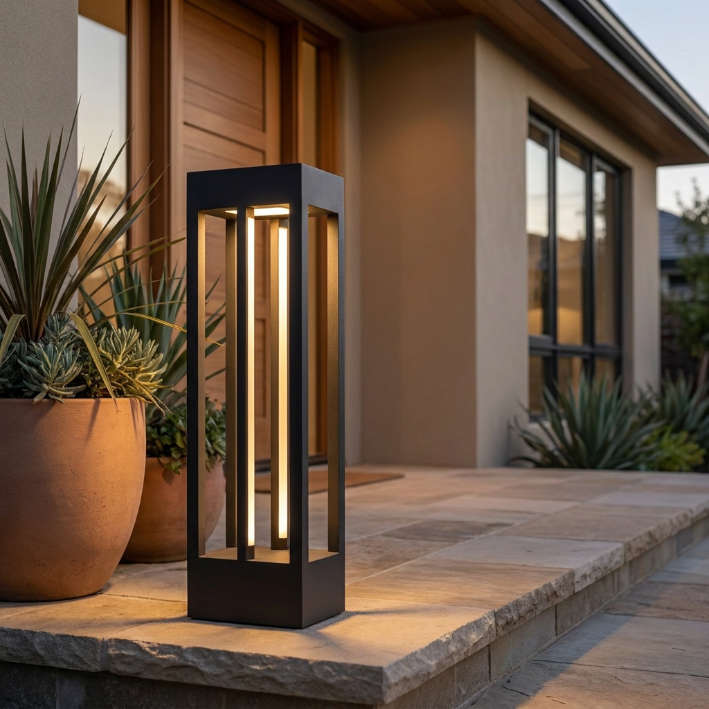 Obsidian Post Outdoor Light shown in a covered patio entryway setting