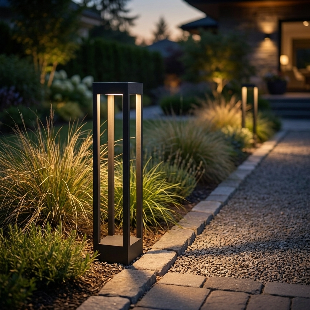 Obsidian Post Outdoor Light installed on a premium residential exterior facade at dusk