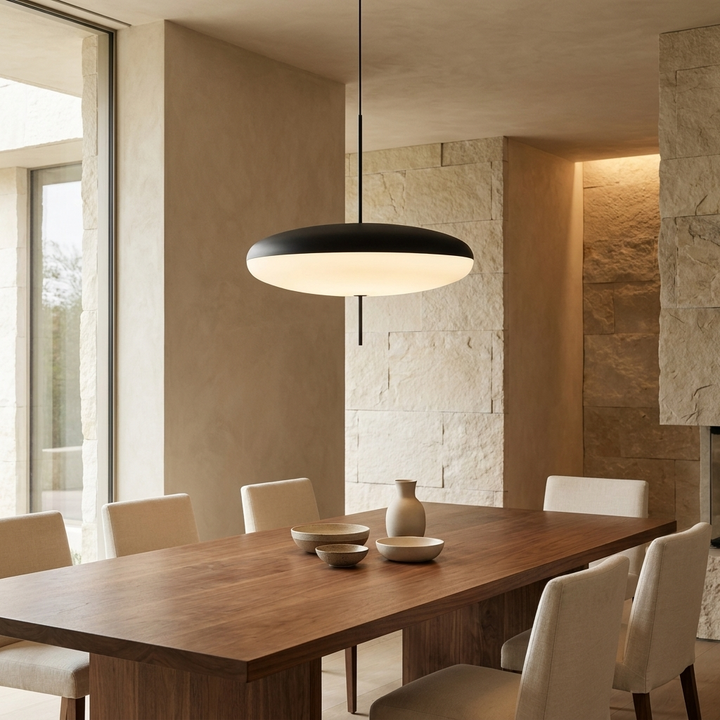 Opal Disc Suspension Lamp hanging above a dining table in an architectural dining space