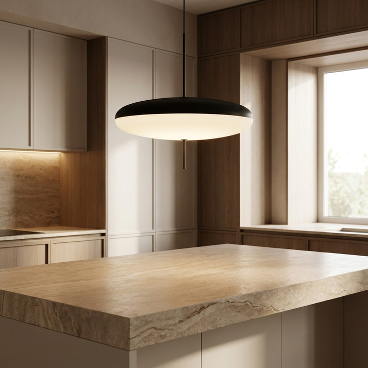 Opal Disc Suspension Lamp shown above a kitchen island