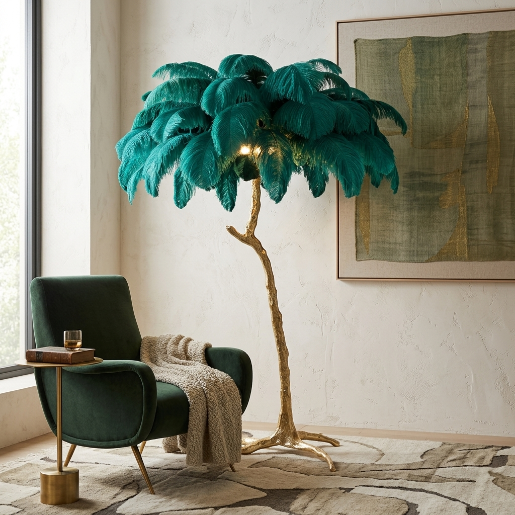 Ostrich Feather Brass Floor Lamp shown in a lounge area setting