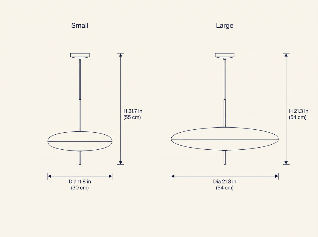 Opal Disc Suspension Lamp dimension drawing comparing Small and Large sizes