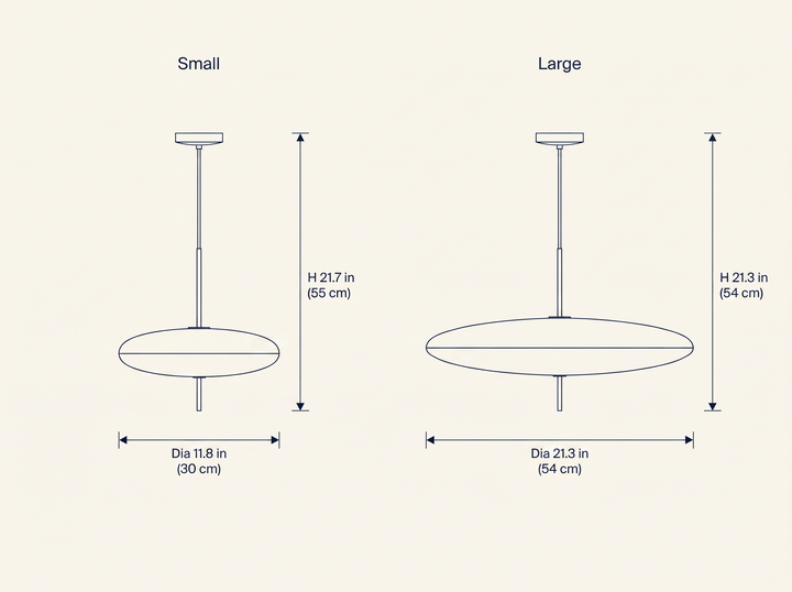 Opal Disc Suspension Lamp dimension drawing comparing Small and Large sizes