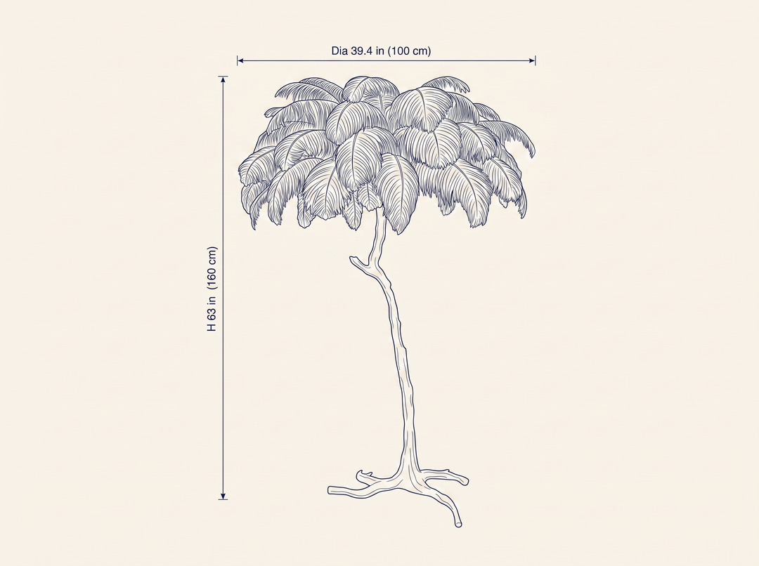 Ostrich Feather Brass Floor Lamp dimension drawing showing height and diameter measurements