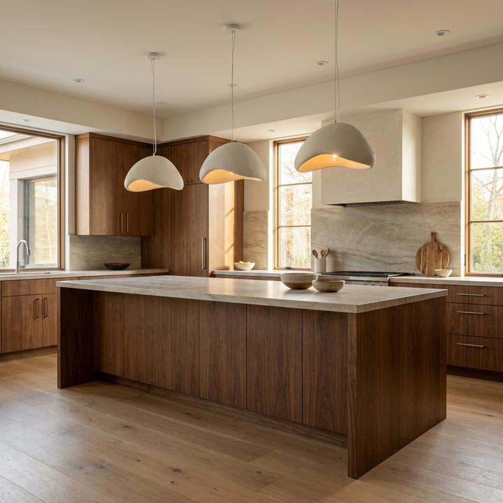 Selene Halia Pendant Light shown as a trio above a kitchen island