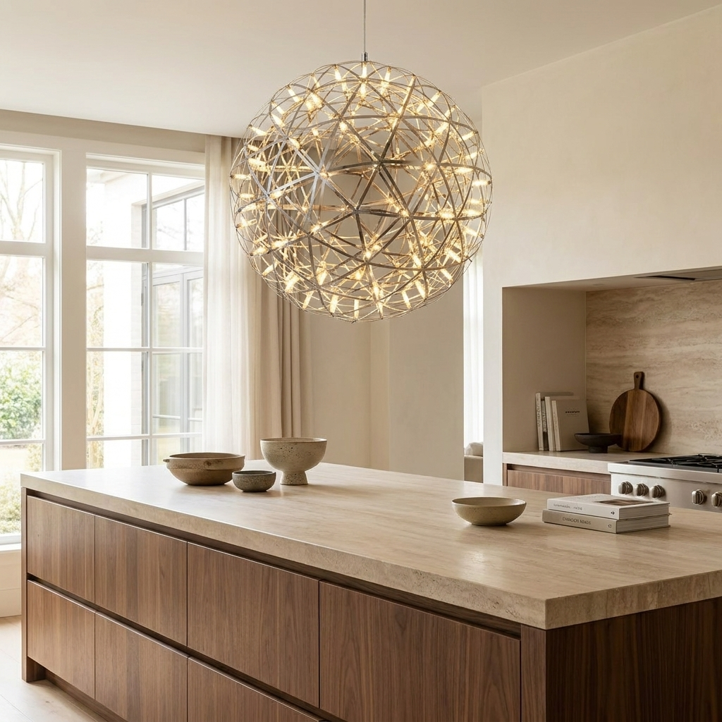 Silver Spark Ball Pendant Light shown above a kitchen island