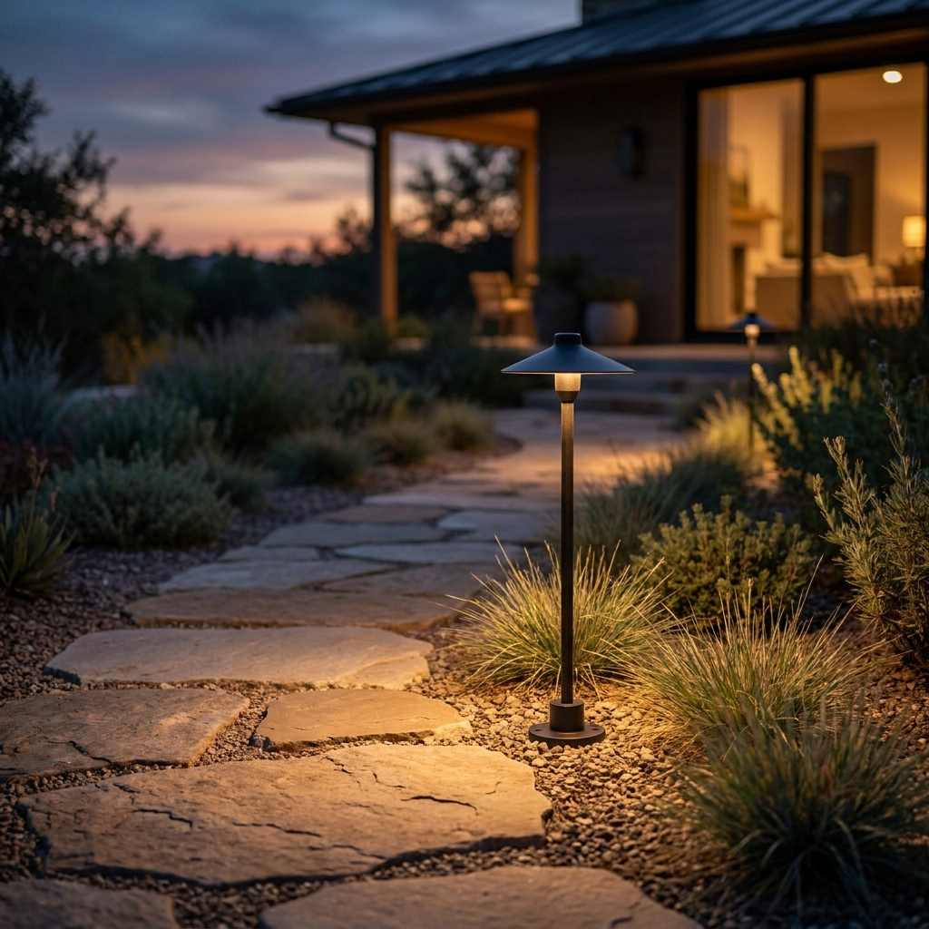 Shadowcap Path Outdoor Light illuminating a garden walkway at dusk
