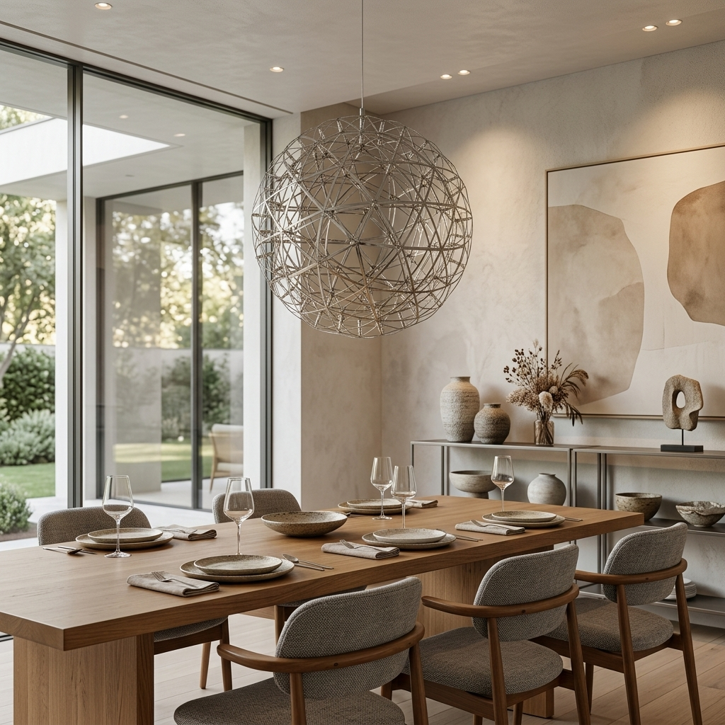 Silver Spark Ball Pendant Light hanging above a dining table with lights glowing through the metal lattice