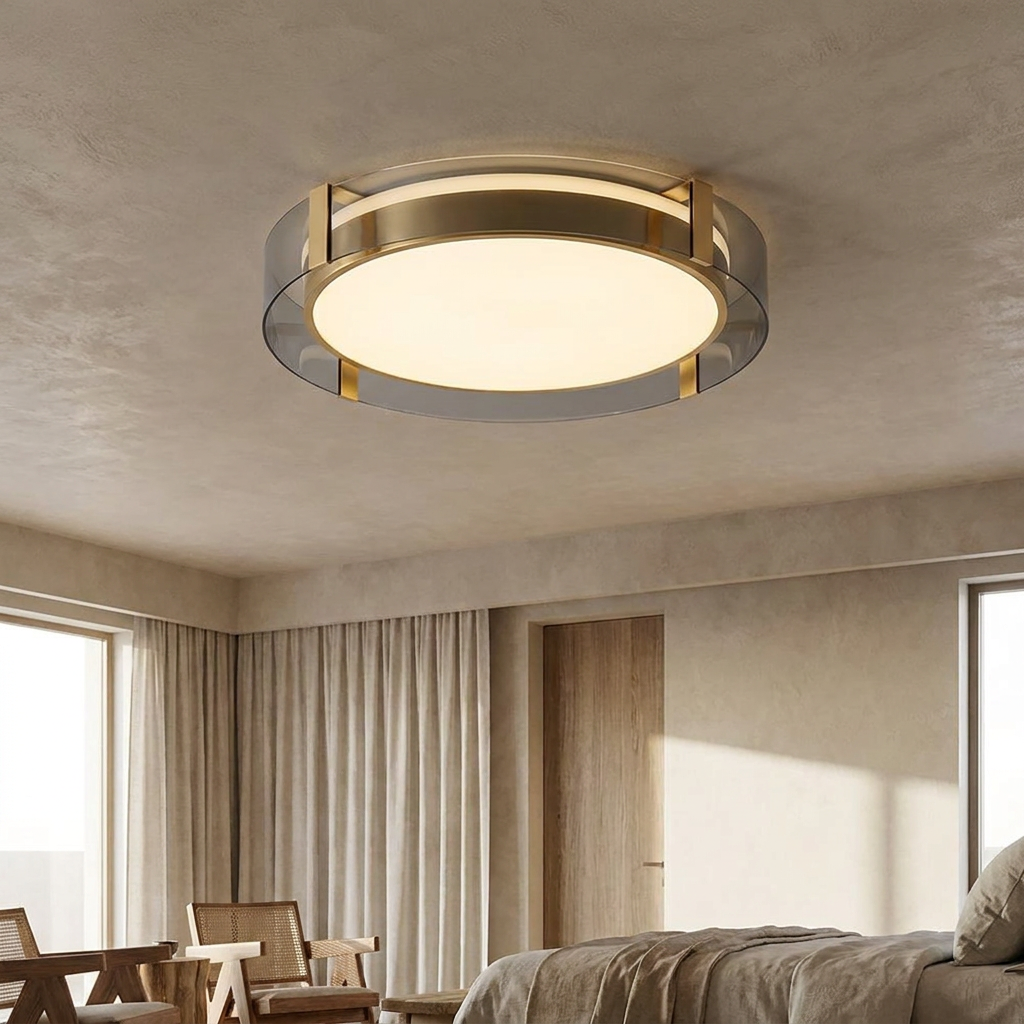 Round Low Profile Ceiling Light installed on a bedroom ceiling with warm architectural lighting