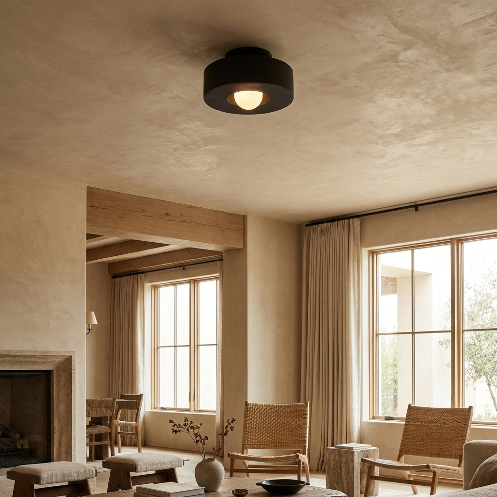 Simon Ceiling Lamp installed on a living room ceiling with stacked cylindrical resin forms