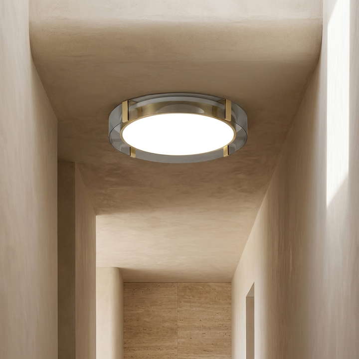 Round Low Profile Ceiling Light shown in a hallway ceiling setting