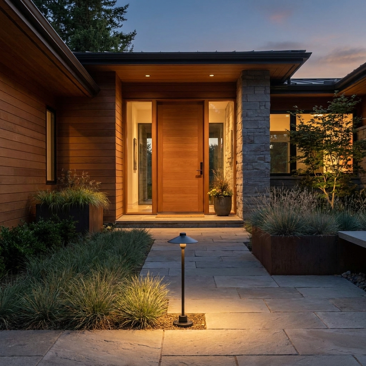 Shadowcap Path Outdoor Light shown near a residential entryway at dusk