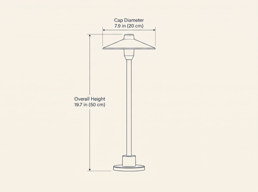 Shadowcap Path Outdoor Light dimension drawing showing overall height and cap diameter measurements