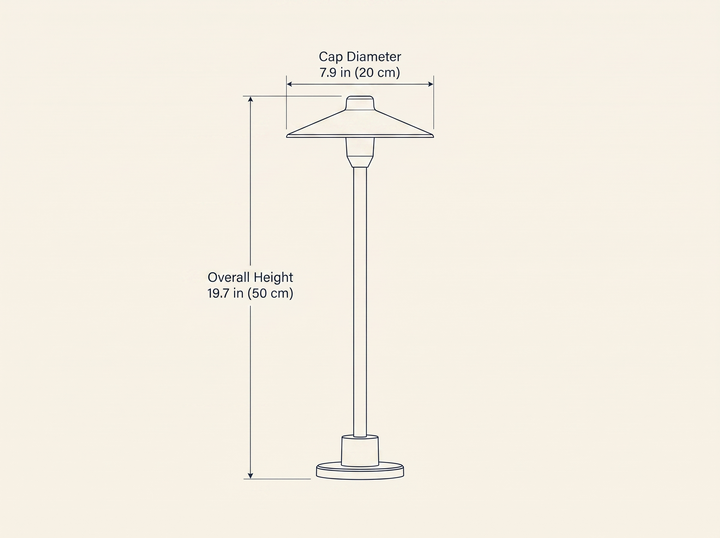 Shadowcap Path Outdoor Light dimension drawing showing overall height and cap diameter measurements