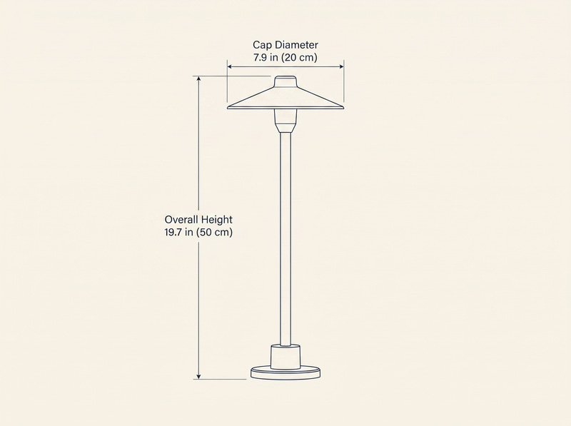 Shadowcap Path Outdoor Light dimension drawing showing overall height and cap diameter measurements