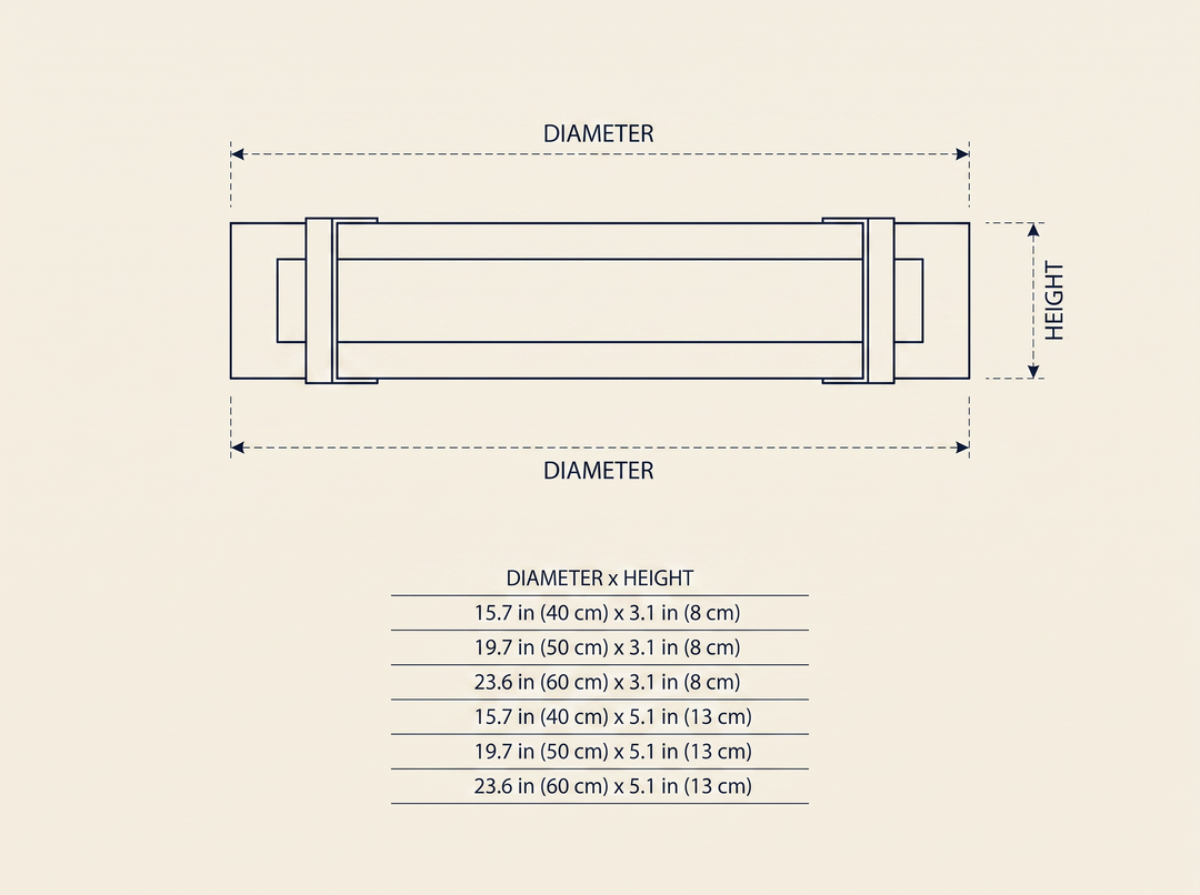 Round Low Profile Ceiling Light dimension drawing showing all six diameter and height size options