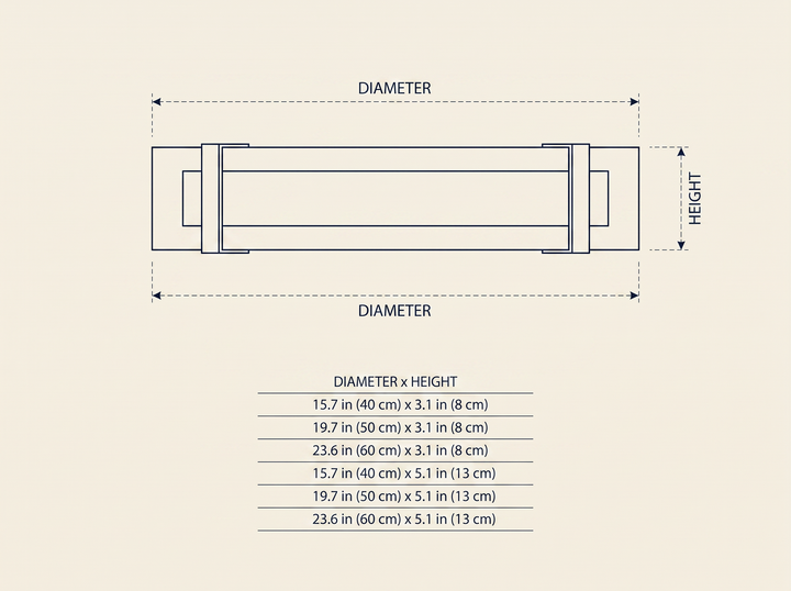 Round Low Profile Ceiling Light dimension drawing showing all six diameter and height size options