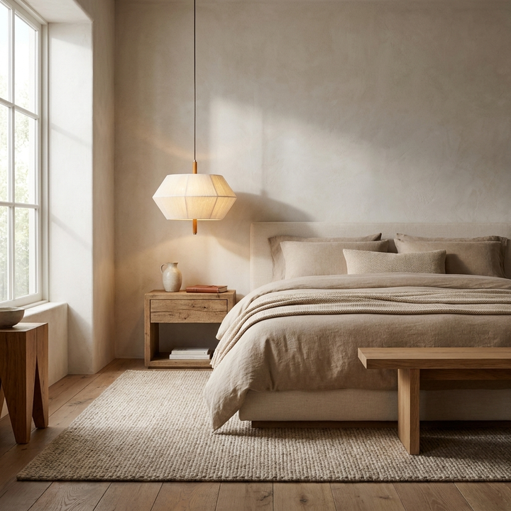 Soren Linen Geometric Pendant Lamp shown beside a bed