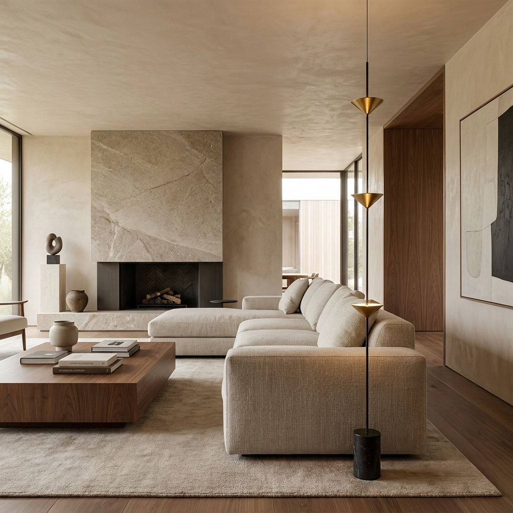 Soreluna Floor Lamp installed in a living room beside a sofa with marble base and conical gold shades