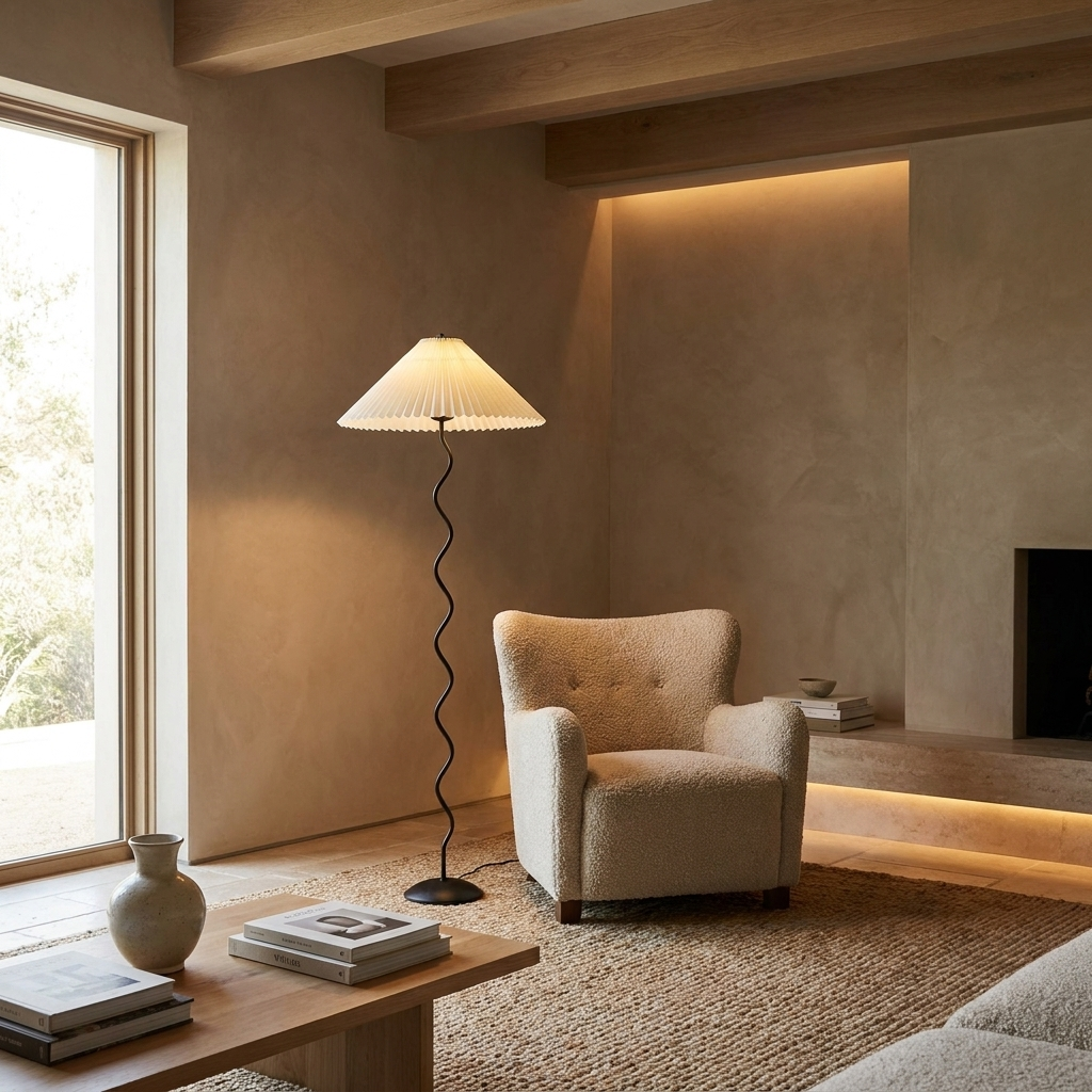 Squiggle Floor Lamp with wavy metal base beside an armchair in a living room
