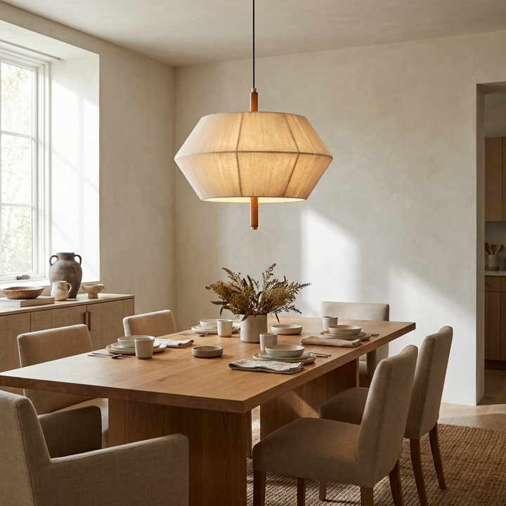 Soren Linen Geometric Pendant Lamp hanging above a dining table