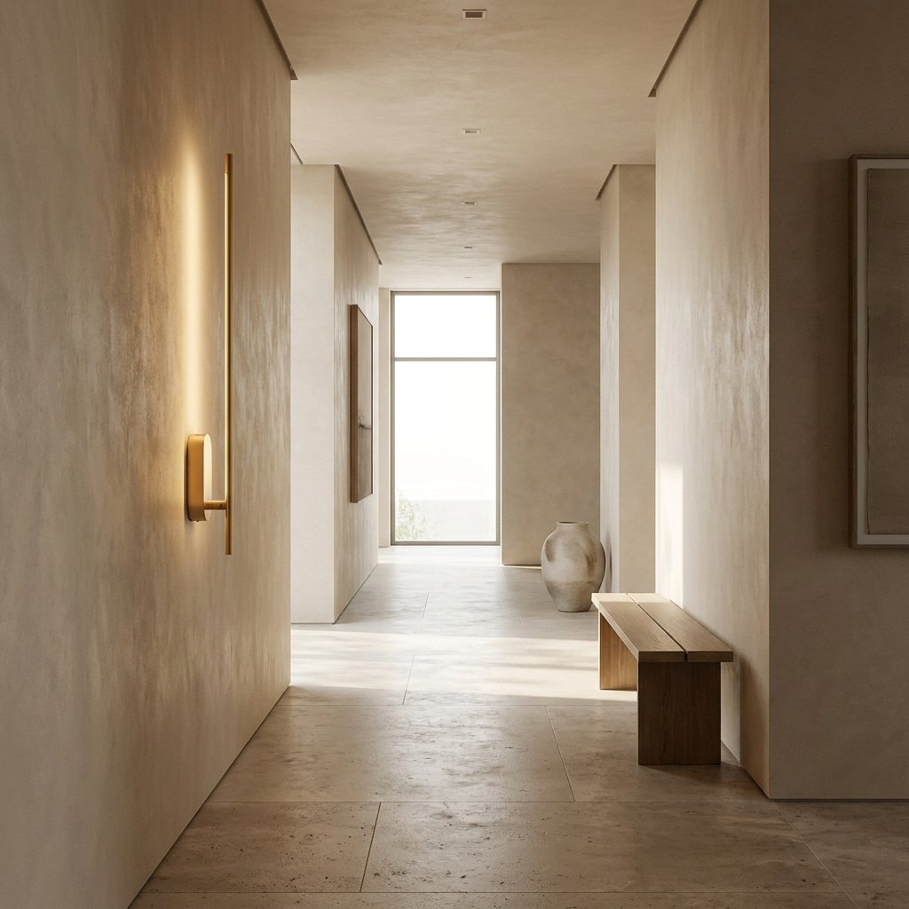Stick Shaped Metal Sconce shown mounted in a hallway