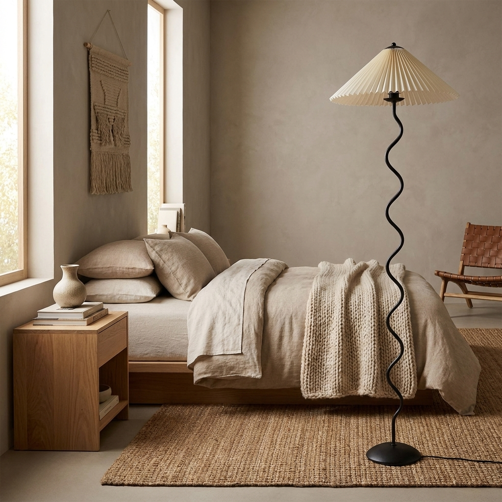 Squiggle Floor Lamp shown in a bedroom corner