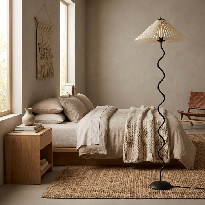 Squiggle Floor Lamp shown in a bedroom corner