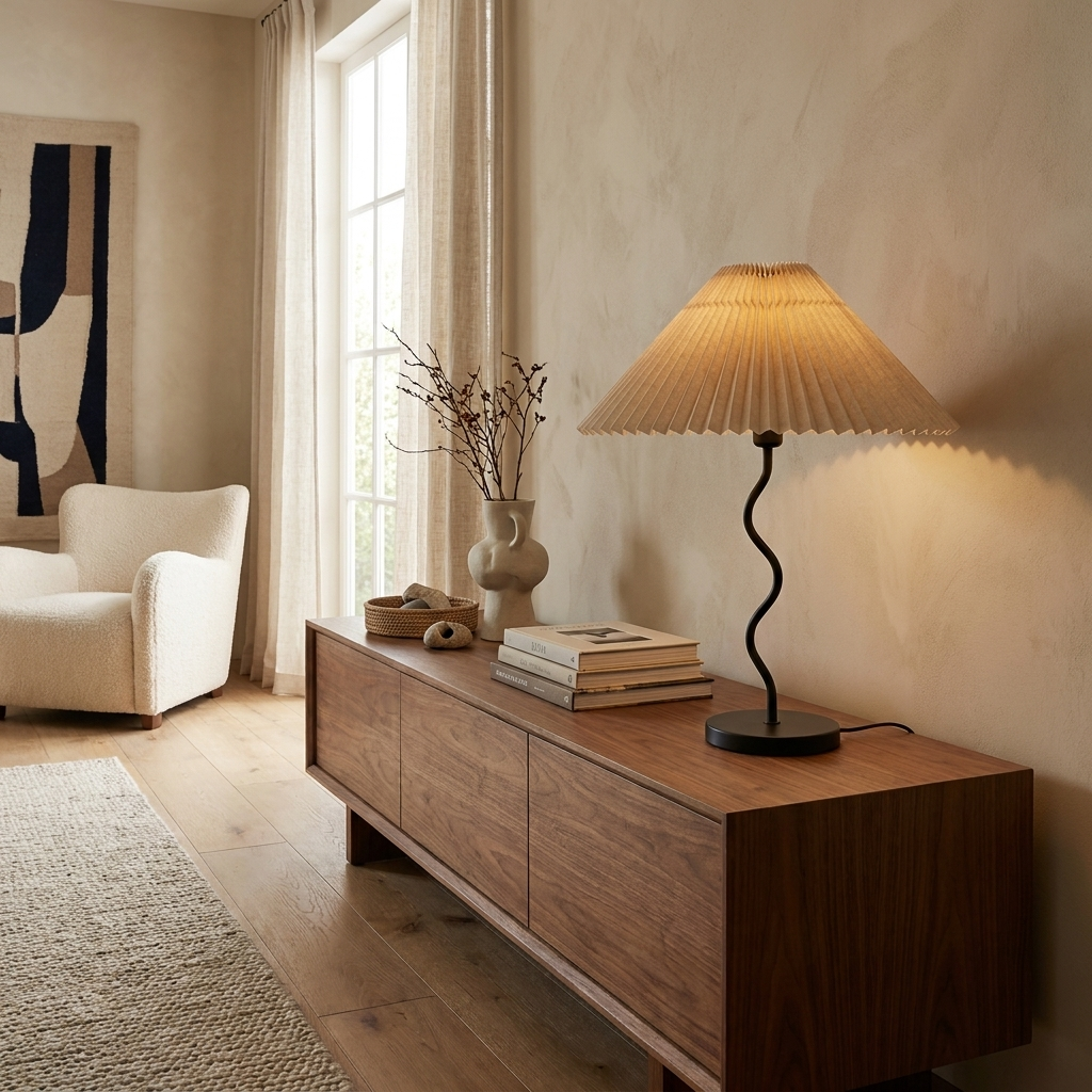 Squiggle Table Lamp shown on a living room console table