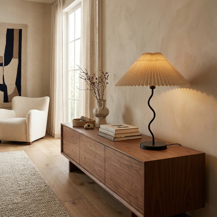 Squiggle Table Lamp shown on a living room console table