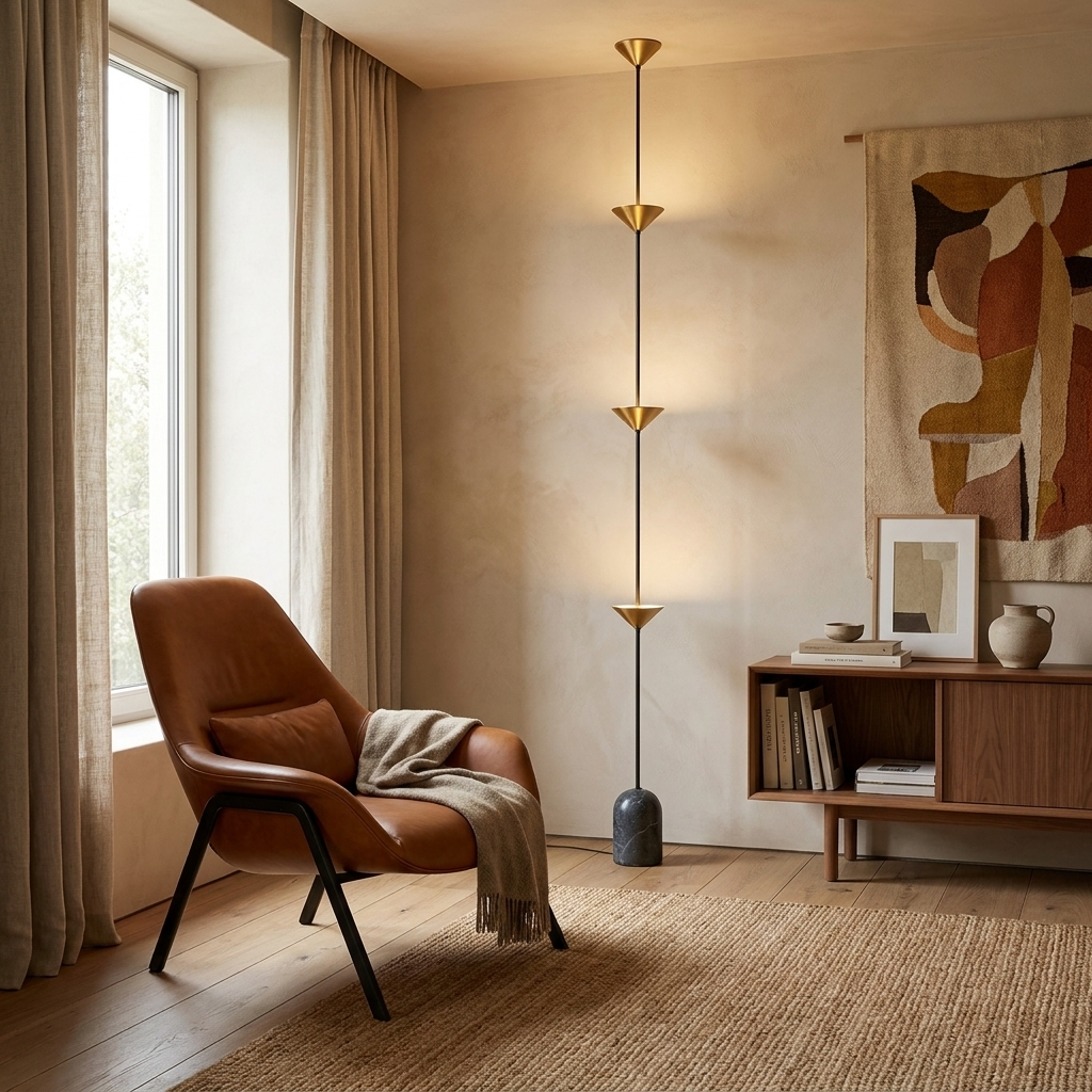 Soreluna Floor Lamp shown beside a leather lounge chair in a reading corner